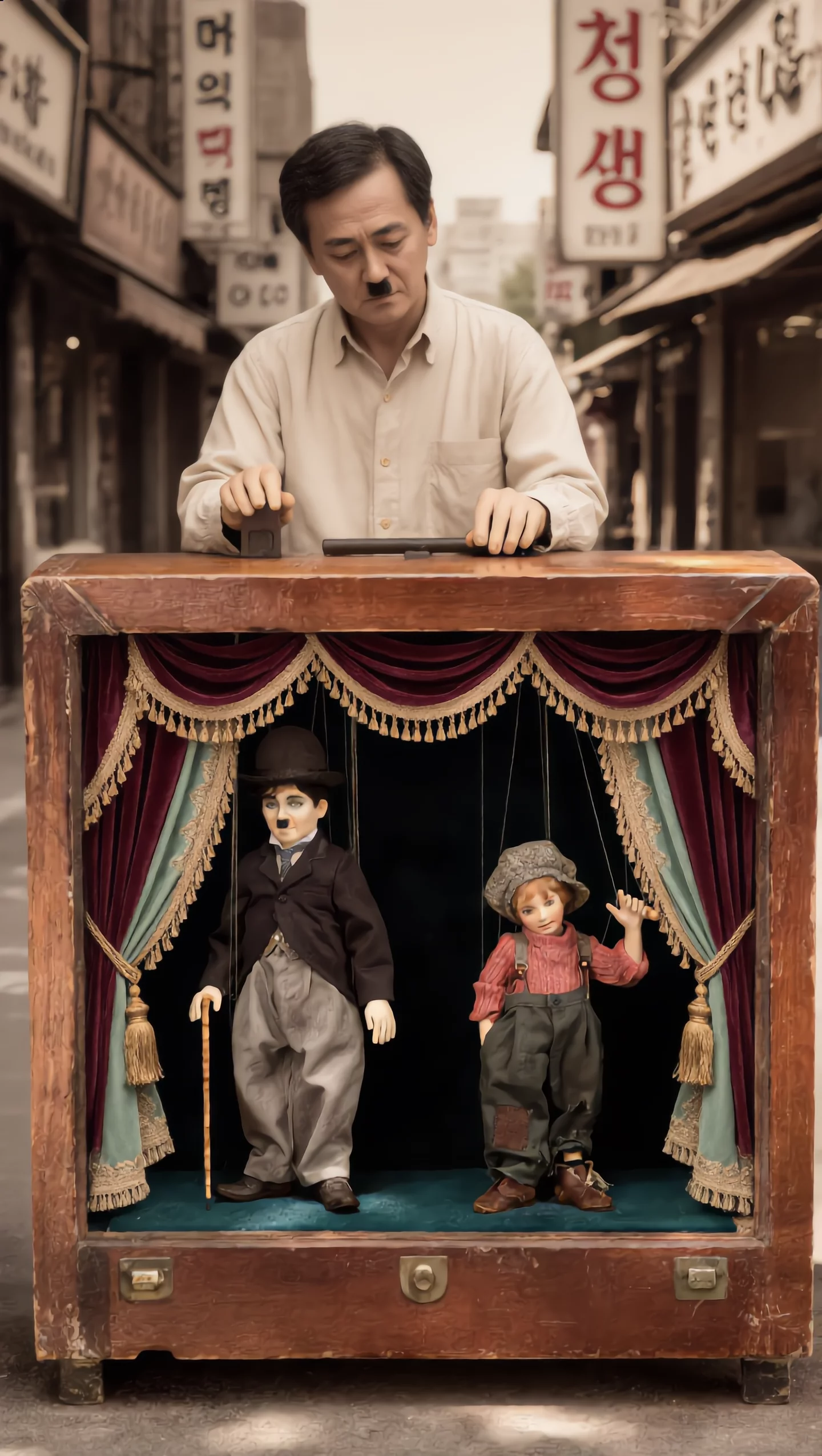Puppet Korean 1960s South Korean Street Vintage Puppet Theater Cinematic Scene | AI Image