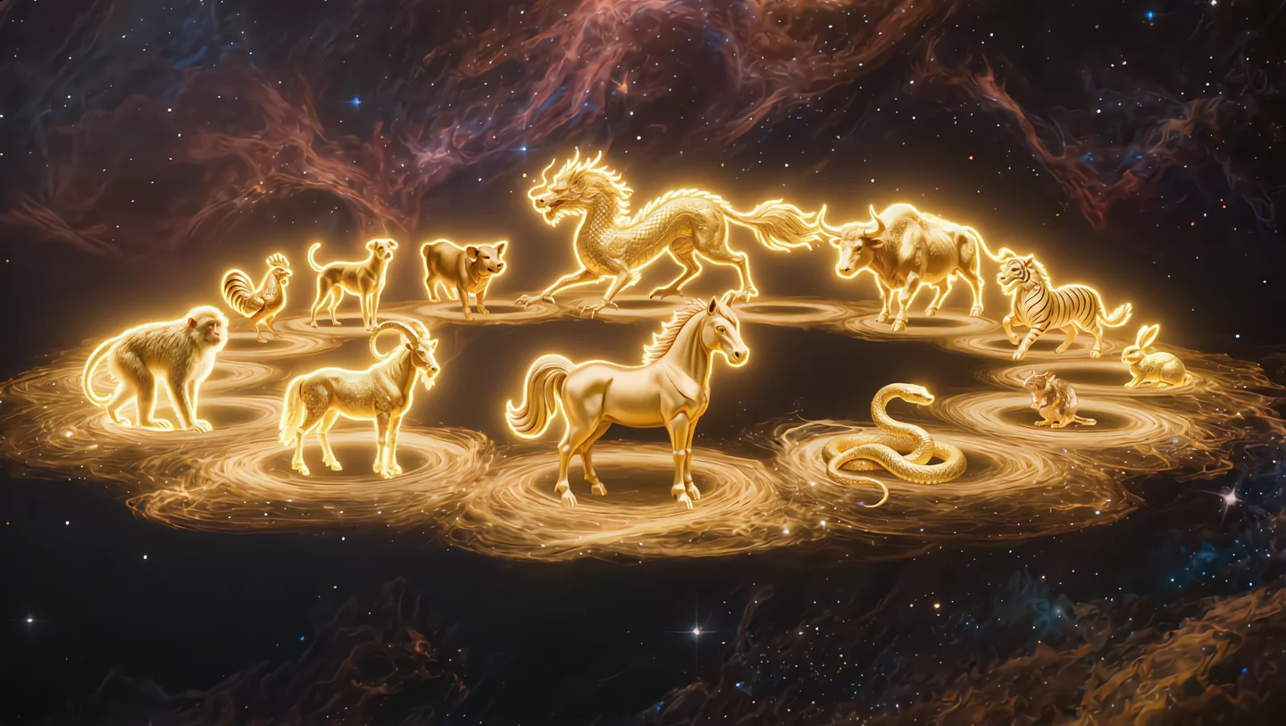 Chinese Zodiac Gold Animals In Cosmic Circle | AI Image