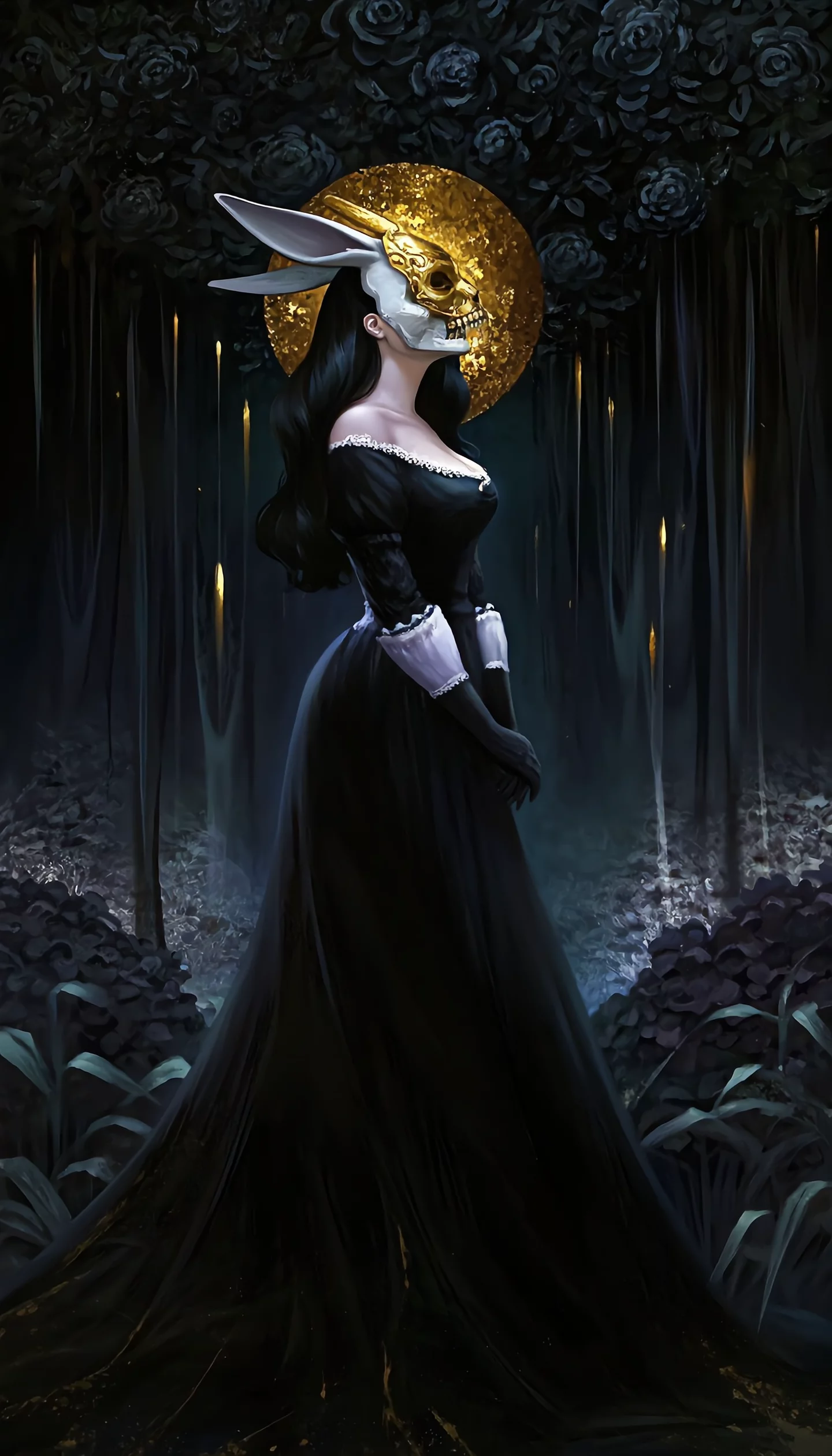 Dark Gothic Fantasy Girl Rabbit Ears Porcelain Mask Black Dress | AI Image