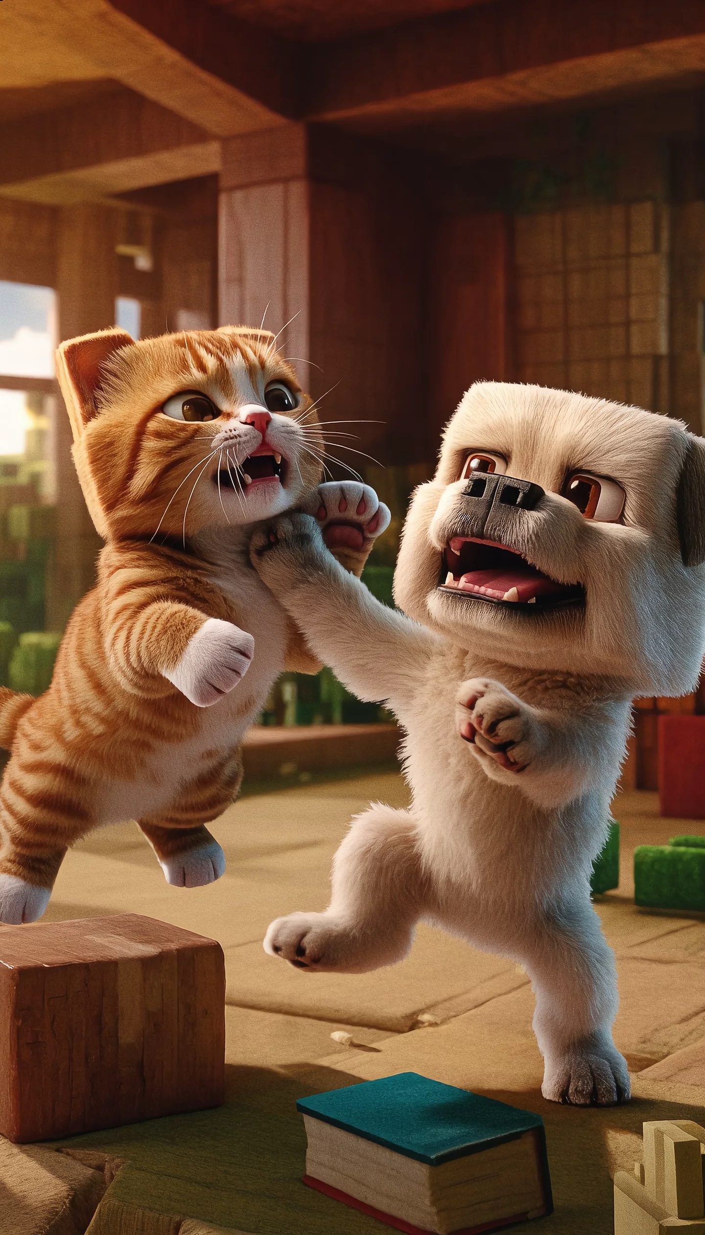 Minecraft Style Kitten And Puppy Fighting In Living Room AI Image Minecraft Style Kitten And Puppy Fighting In Living Room AI Image