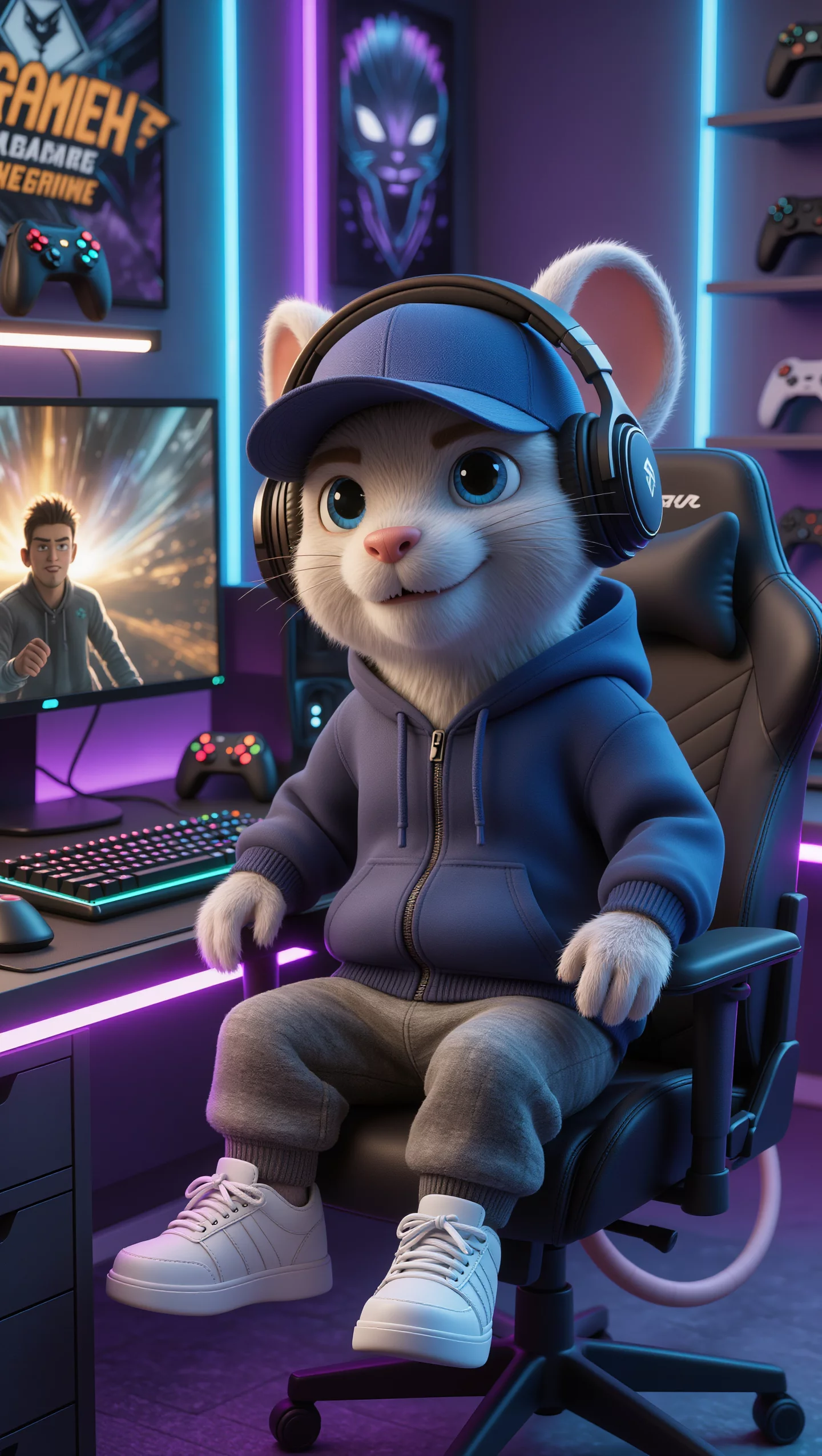 Pixar-style 3d Cartoon Rat Boy Gamer In Modern Streetwear Gaming Room ...