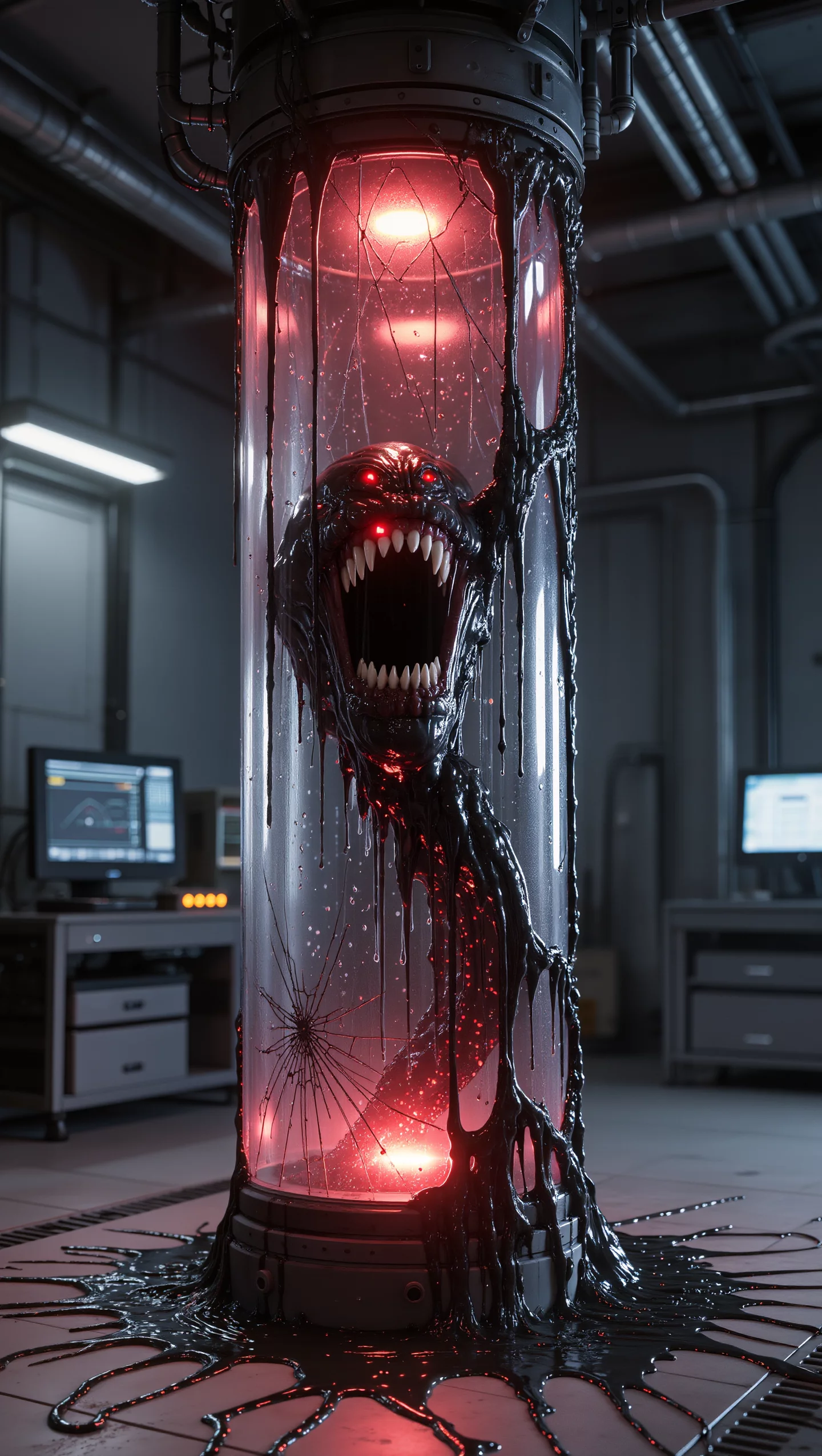 Smashed Alien Container Alien Slime Creature In A Glass Container Glowing Red In A Lab | AI Image