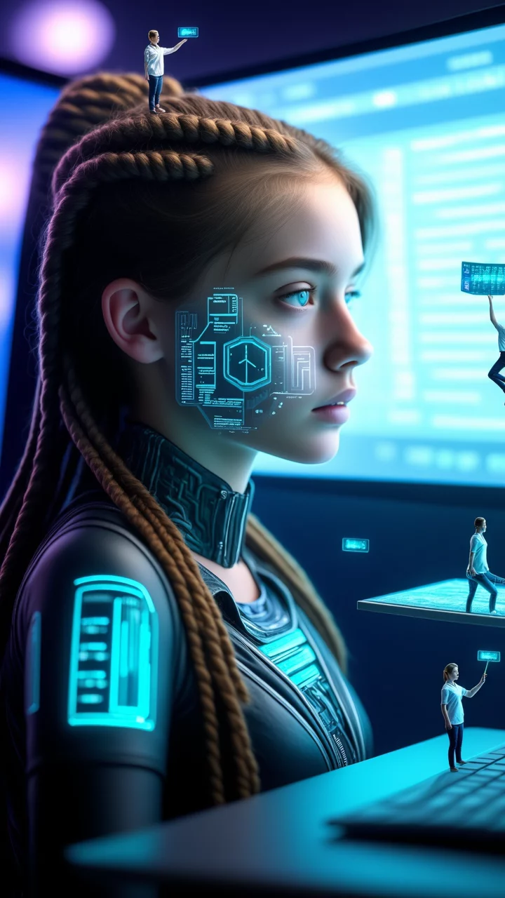 Girl Programmer With Tiny People Futuristic Tech Scene | AI Image