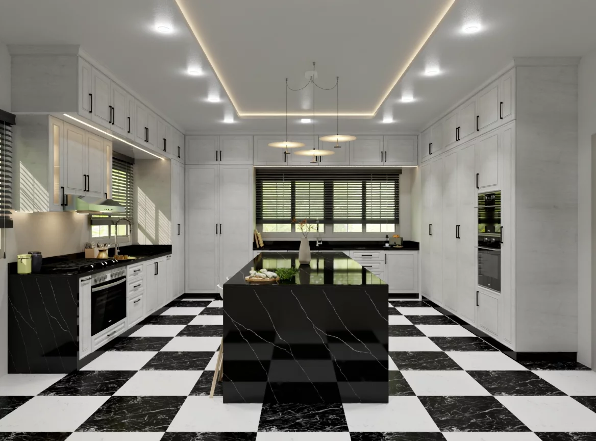 Modern Kitchen Design With Black Marble Island And Checkered Floor | AI ...