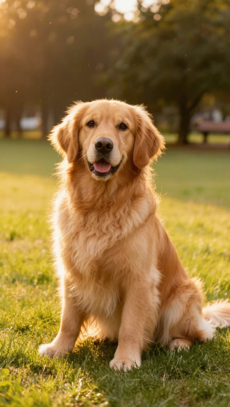 Golden Retriever Dog Sitting On Grass In Park Sunlight | AI Image